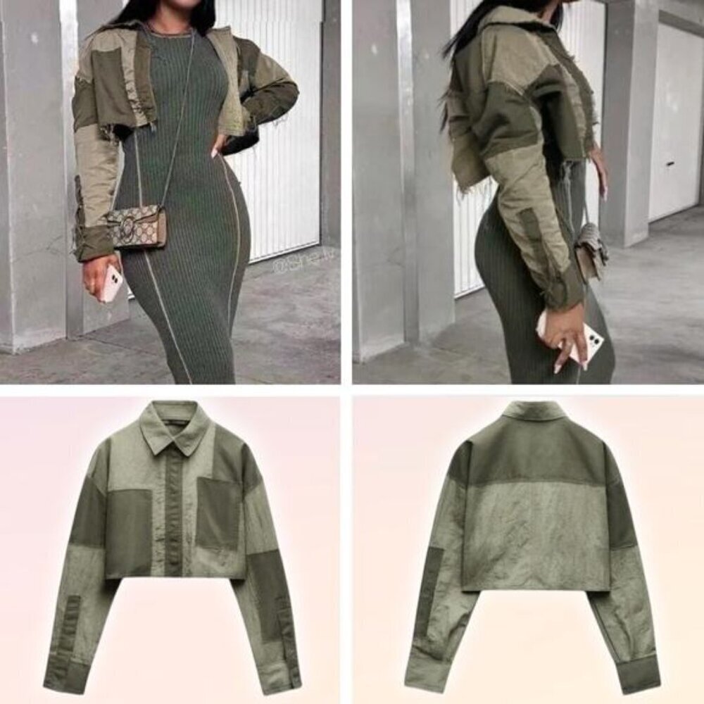 ZARA Cropped Patchwork Shirt Sz XS Green